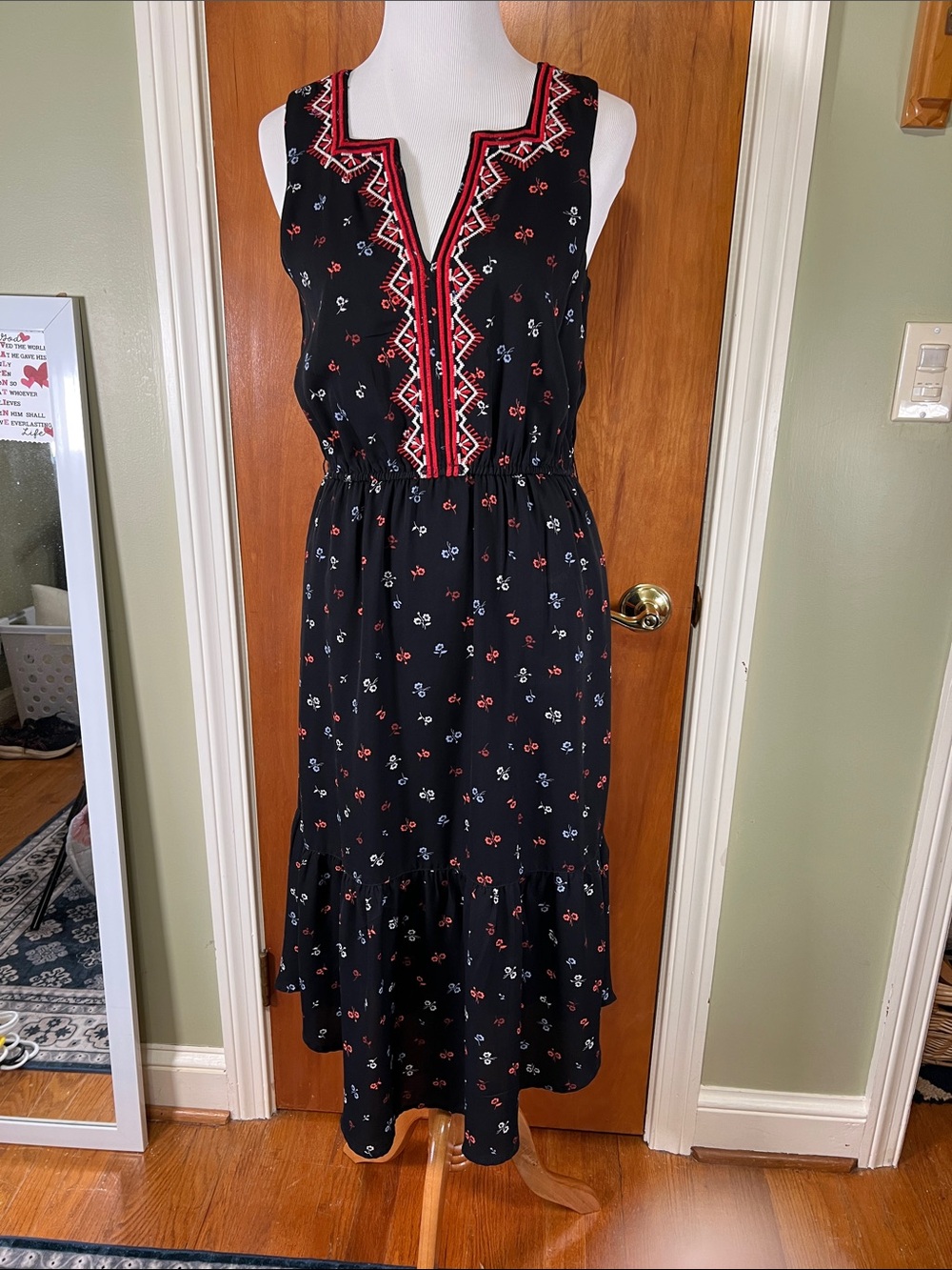 GAP Black Midi Dress with Red Embroidered Neckline